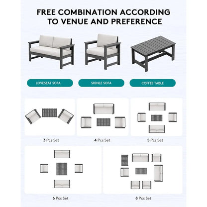 5 Pieces HDPE Outdoor Sofa Set with Cushions, All Weather Use Patio Conversation Couch Loveseat Furniture with Coffee Table for