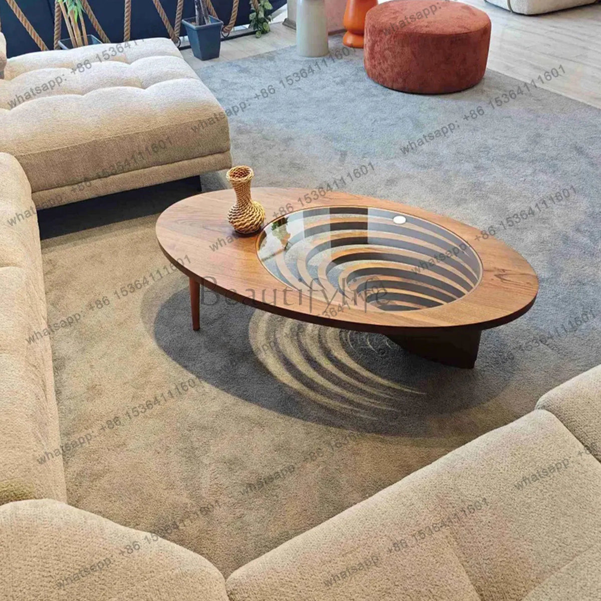 Table basse en bois massif, salon, maison, lumière, luxe, haut de gamme, table à thé créative, ovale, moderne
