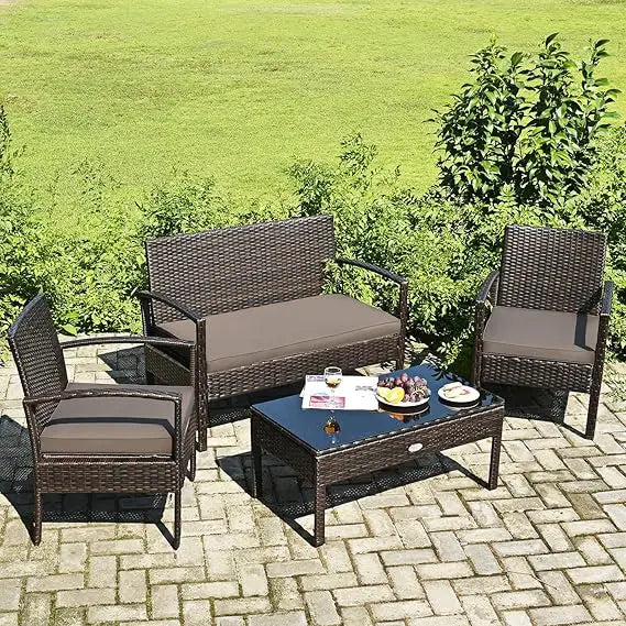 Outdoor Conversation Set 4 Pieces Patio Furniture, Wicker Patio Chair Sofa Set with Water-Resistant Dark-Brown Cushion & Tempere