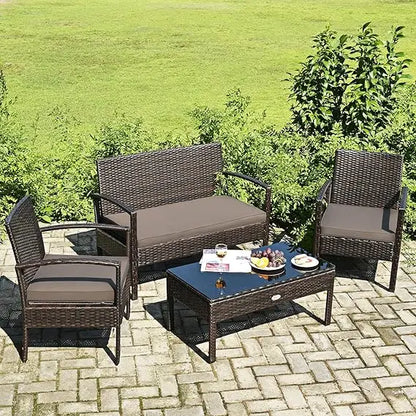 Outdoor Conversation Set 4 Pieces Patio Furniture, Wicker Patio Chair Sofa Set with Water-Resistant Dark-Brown Cushion & Tempere