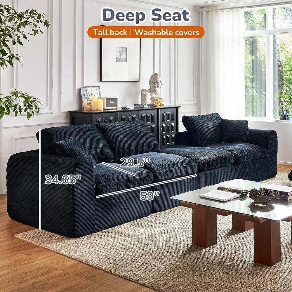 108 L-Shape Sectional Sofa with Ottoman, 3 Seater Deep Seat Cloud Sofa (Black)