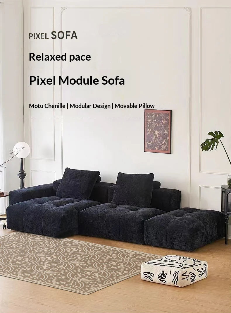 Italian Minimalism Modular Corner Combination Modern Living Room *Chenille Fabric Reclining Straight-Back Sofa Set Black