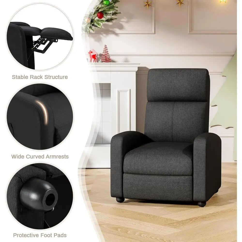 Black Linen Fabric Recliner Chair with Thicker Seat Cushion, Side Pocket, Adjustable Backrest and Footrest for Home Theater and