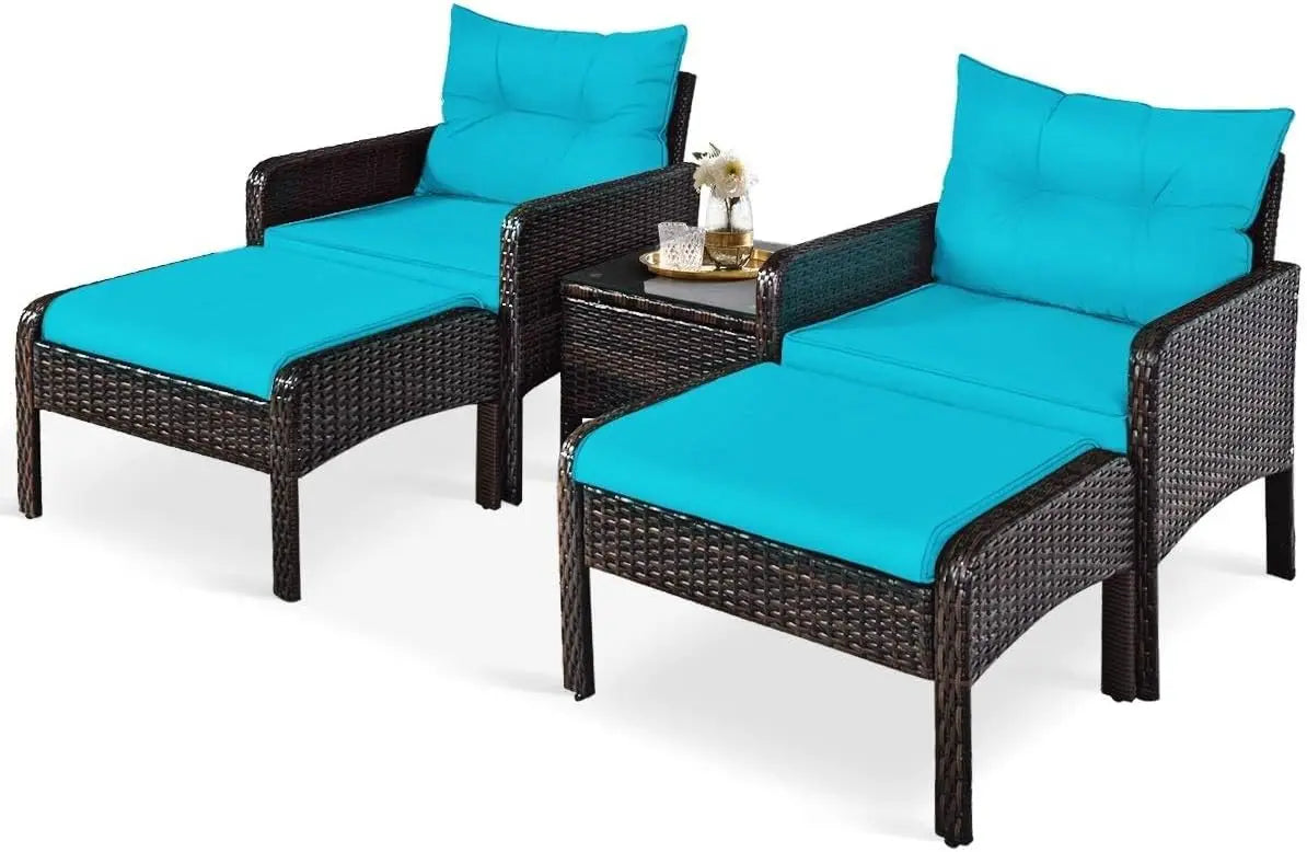 5Pieces Patio Furniture Set Outdoor Rattan Wicker Conversation Set with Coffee Table Cushioned Sofas and Ottoman Chat Set for G