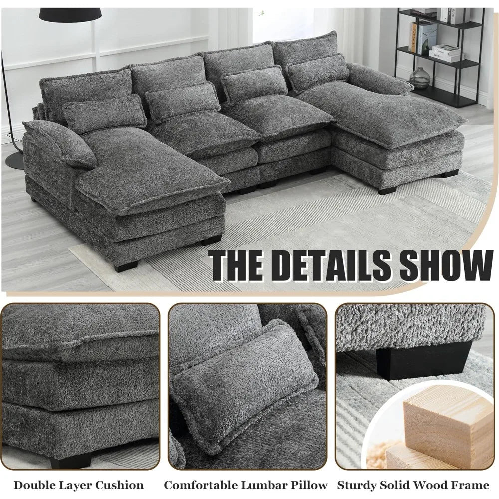 110'' U-Shaped Sectional Couch, Modern Chenille Extra Large Modular Sofa with 4 Cushions, Memory Foam Funiture Set