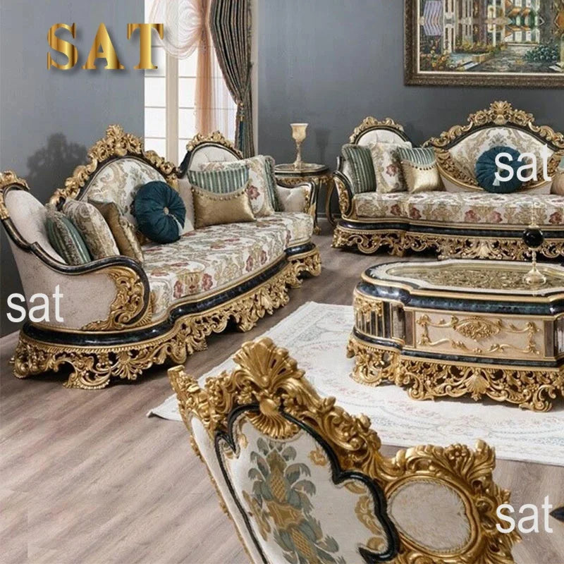 For Turkish Style Royal Antique Carved Solid Wood Sofa Set European Luxury Classic Home Living Room Furniture Sectional Sofa