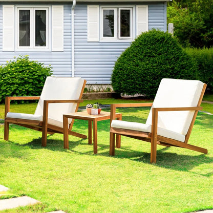 3-Pc Patio Set - Ergonomic Chairs (400lbs Capacity) w/ Waterproof Cushions + Wood Table