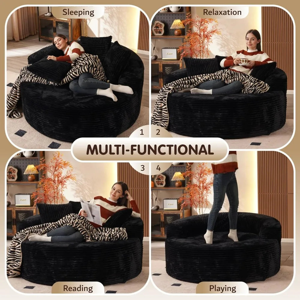 58" Oversized Round Chair Lounge Chaise Indoor, No Assembly Required, Cloud Large Circle Chair with Plush Fuax Fur, Fluffy Mode