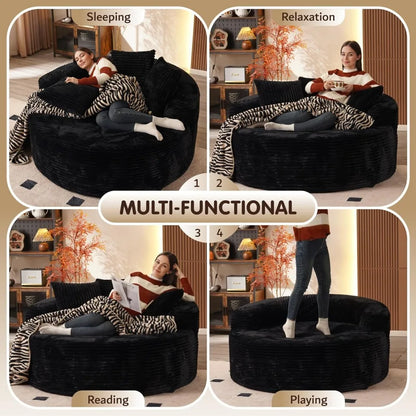 58" Oversized Round Chair Lounge Chaise Indoor, No Assembly Required, Cloud Large Circle Chair with Plush Fuax Fur, Fluffy Mode
