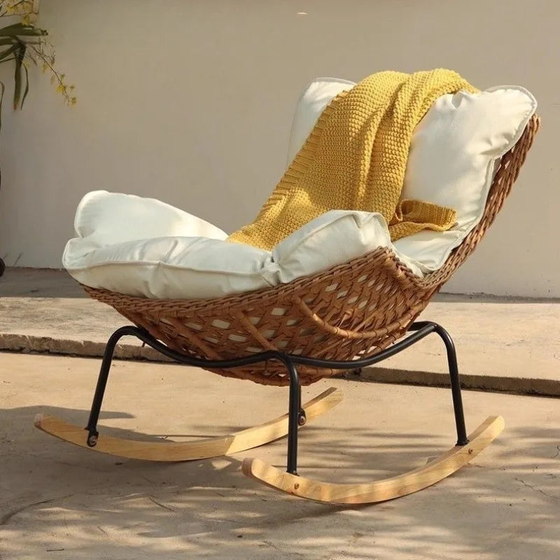 Woven Rattan Rocking Chair with Metal & Wood Base Stylish & Comfortable Seating for Living Room & Balcony Decor