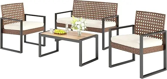 Sophia & William 4 Pieces Patio Conversation Set, Wicker Outdoor Furniture Set for 4, All Weather Outdoor Seating Set, Rattan Lo