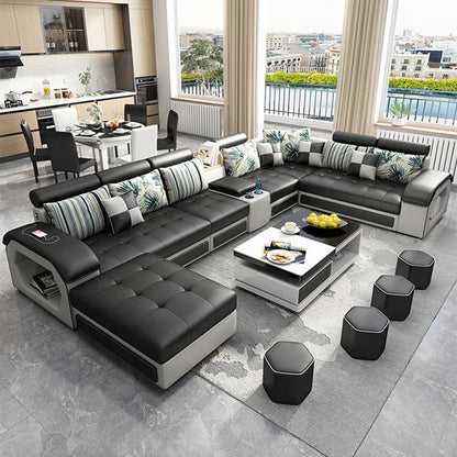 Fabric Sofa Set Furniture Living Room with USB and Stools / Big U Shape Cloth Couch for Home Furniture