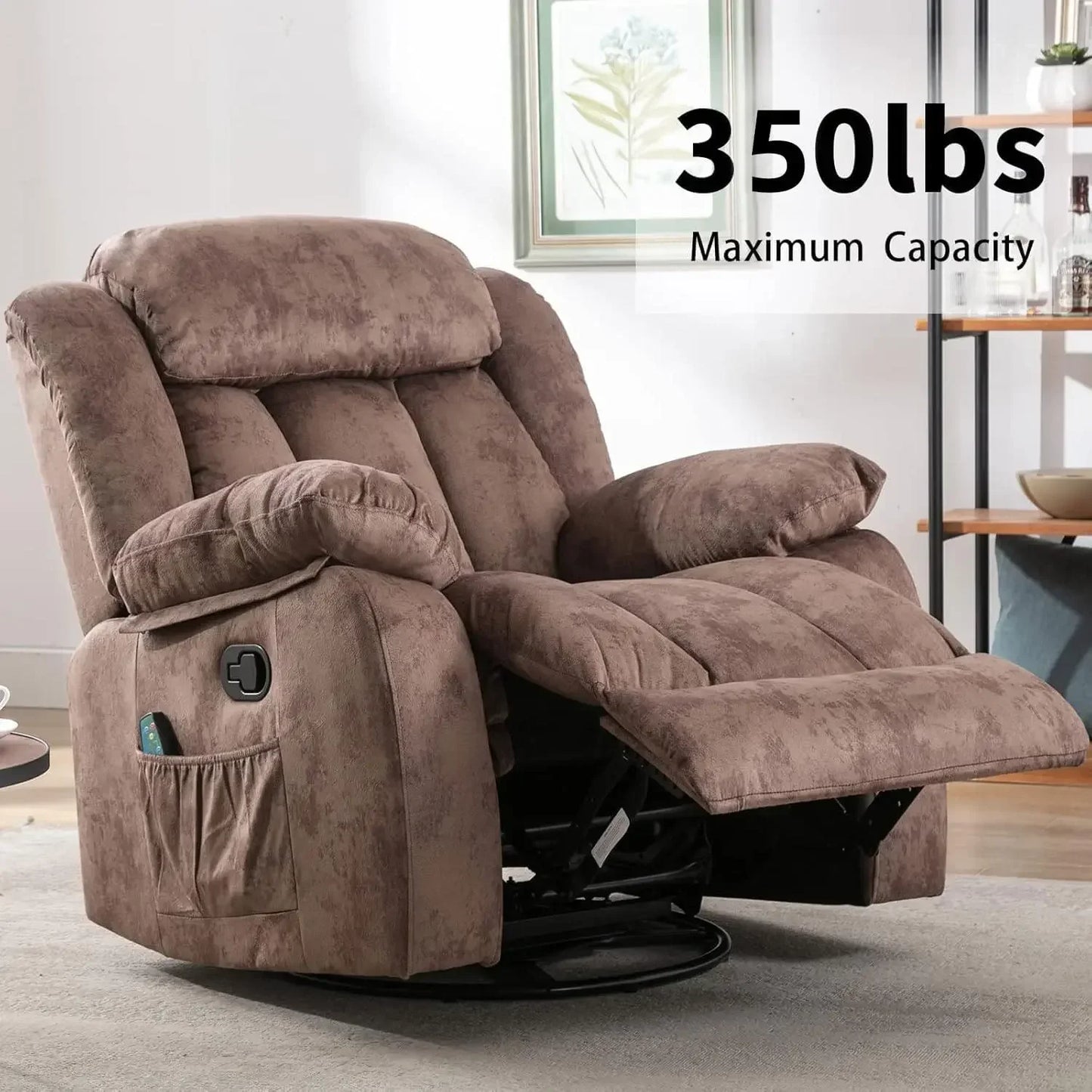 Massage Rocker Recliner with Heat and Vibration, 360 Degree Swivel Manual Antiskid Fabric Single Sofa Heavy Duty Reclining Chair