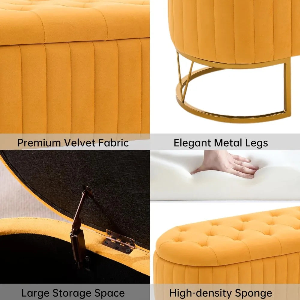 46" Tufted Upholstered Ottoman Bench – Gold Metal Legs & Hidden Storage | Multi-Functional Footrest for Living Room, Bedroom