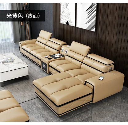 Simple and modern leather sofa combination large apartment living room L-shaped corner function headrest few fully