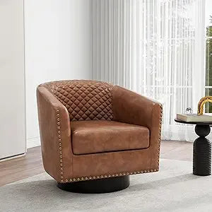 Accent Chair, Upholstered Faux Leather Barrel Chair with Nailed Trim, Comfy Club Armchair for Reading Living Room Bedroom Waitin