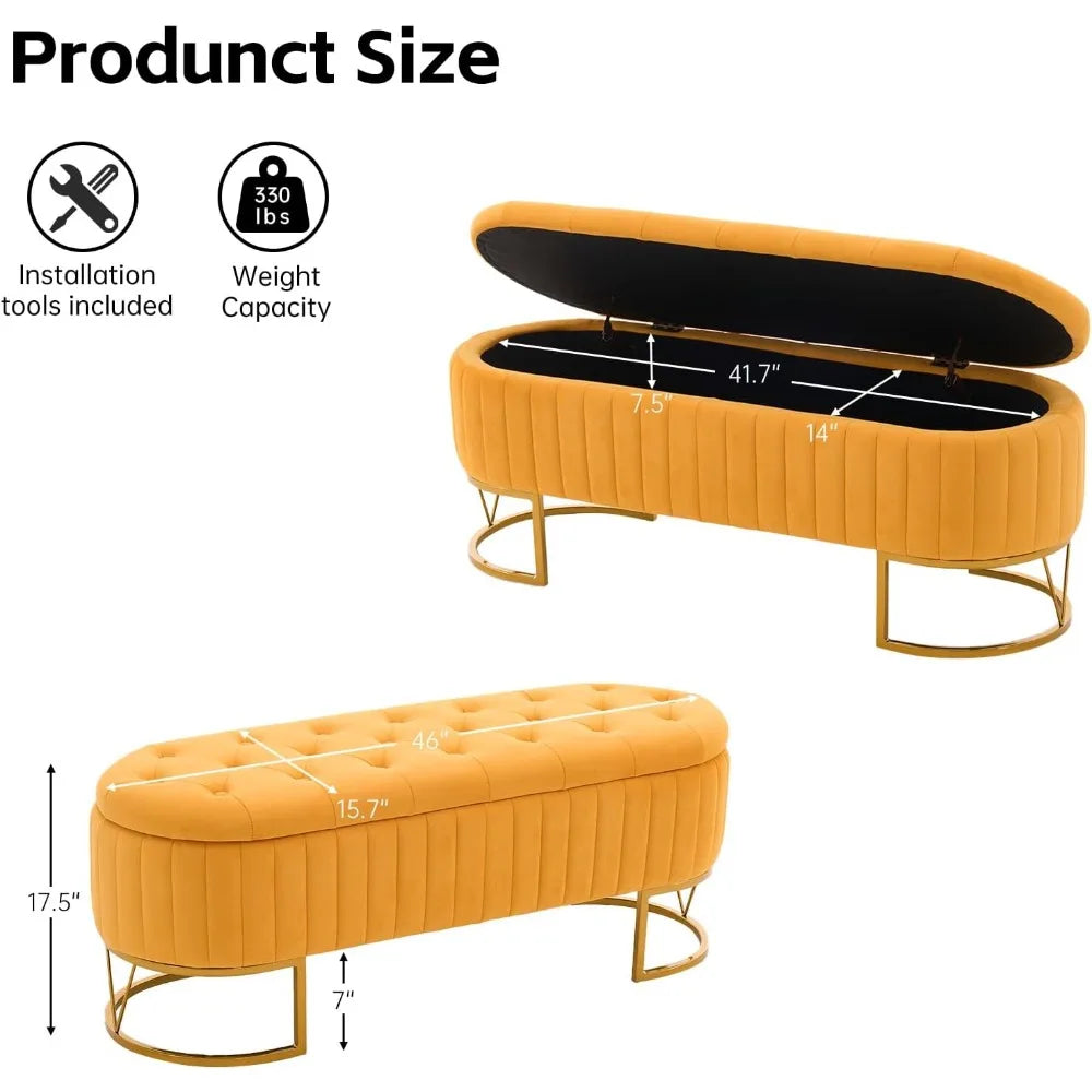 46" Tufted Upholstered Ottoman Bench – Gold Metal Legs & Hidden Storage | Multi-Functional Footrest for Living Room, Bedroom