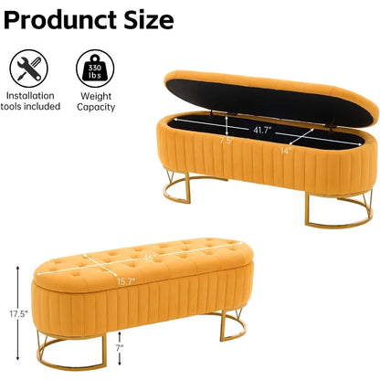 46" Tufted Upholstered Ottoman Bench – Gold Metal Legs & Hidden Storage | Multi-Functional Footrest for Living Room, Bedroom