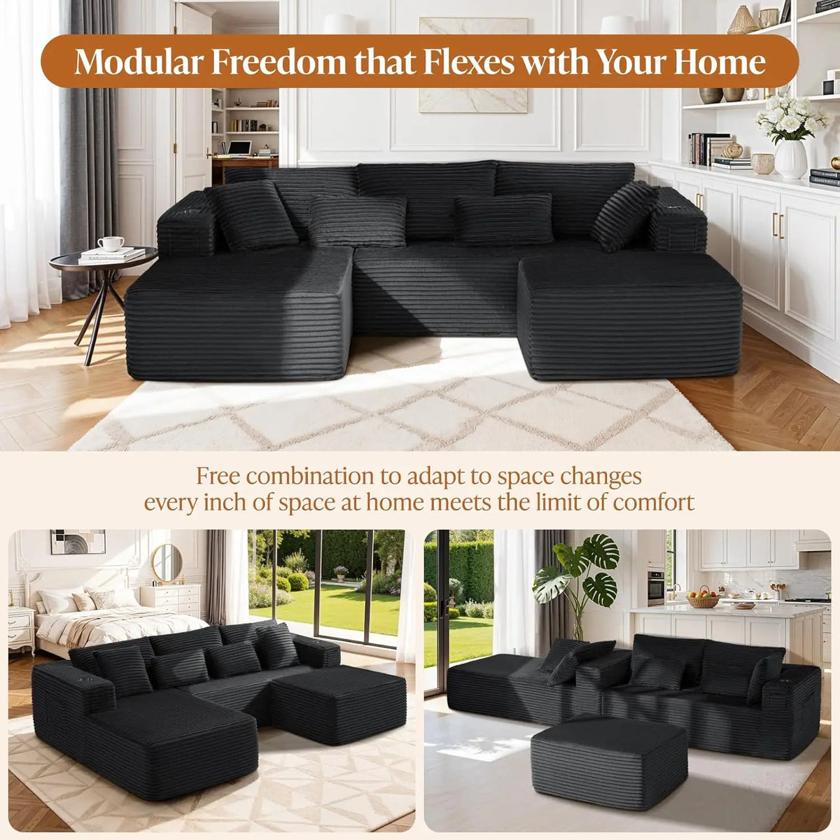 U-shaped Modular Sofa: Modern Minimalist Corduroy, No Assembly, Comfortable Living/Bedrooms (Black)