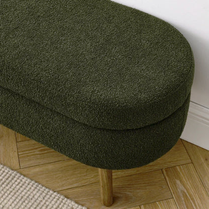 43.8" Boucle Storage Ottoman Bench, 300 Lb Capacity, Upholstered, Safety Hinge, Flip-Top Oval Foot Rest With Wood Legs