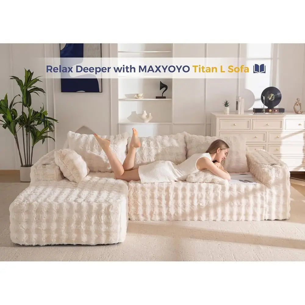 L-Shaped Sectional Sofa, 104 Modern Couch with Chaise, Living Room Sleeper, No Assembly, Beige