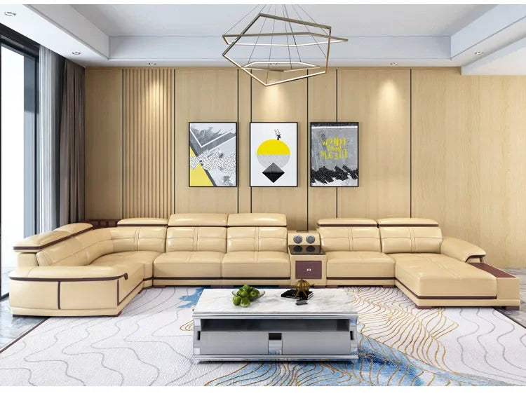 Modern Italian Genuine Leather Sofa for Living Room with Cup Holder, USB, Adjustable Headrests & Bluetooth Speaker - Linlamlim