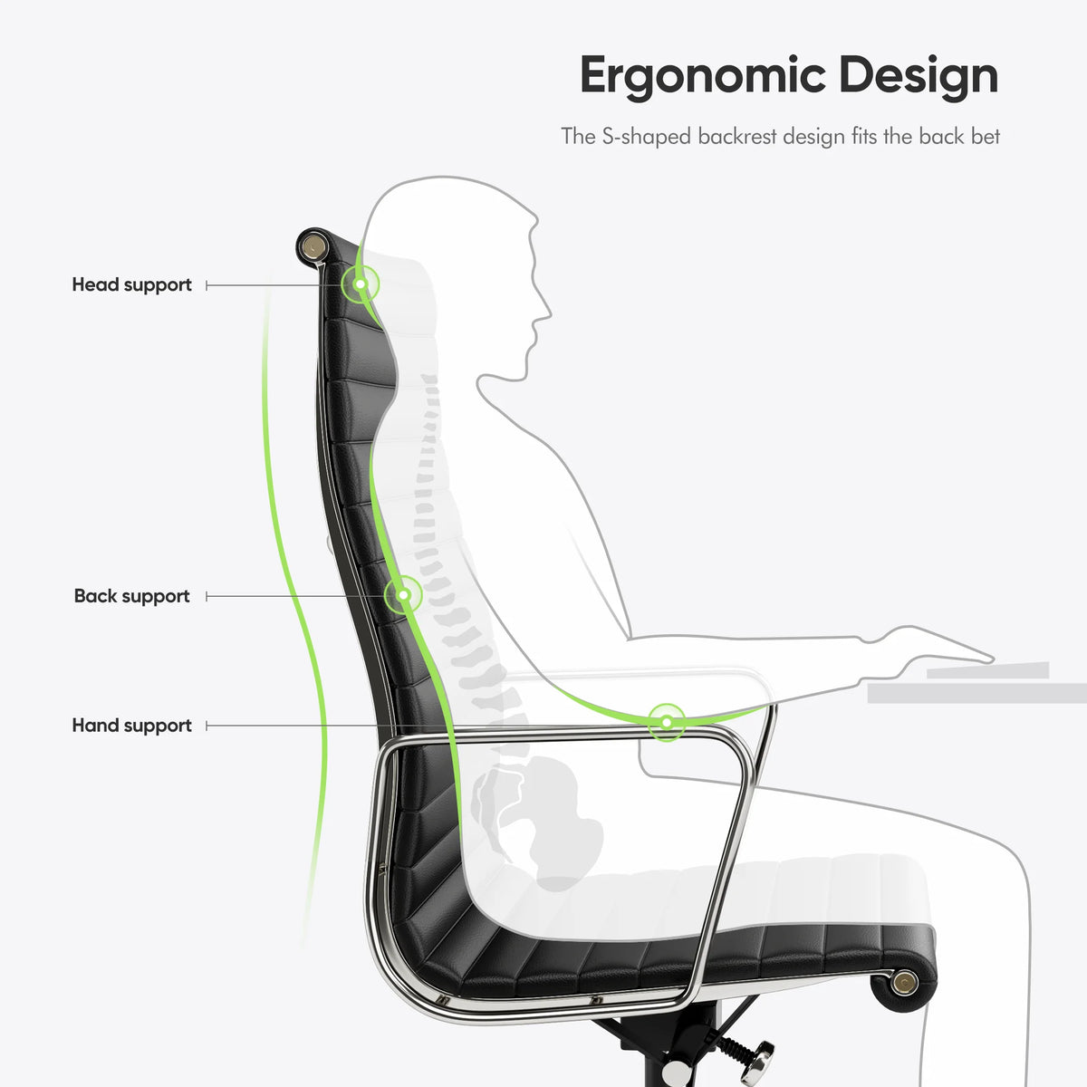High Back Ribbed Genuine Leather Office Chair Adjustable Ergonomic Computer Chair with Aluminium Alloy Frame  Swivel Chair