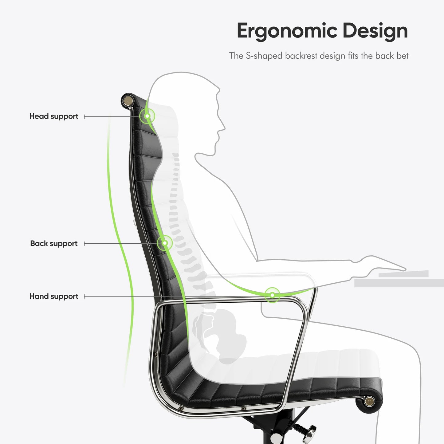 High Back Ribbed Genuine Leather Office Chair Adjustable Ergonomic Computer Chair with Aluminium Alloy Frame  Swivel Chair