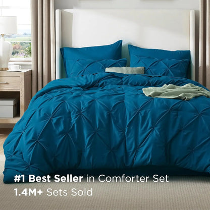King Size Comforter Set Teal Bed in a Bag King Size 7 Pieces GentleSoft™ Pintuck Bed Set Gift for Family Pinch Pleat Teal Comfor