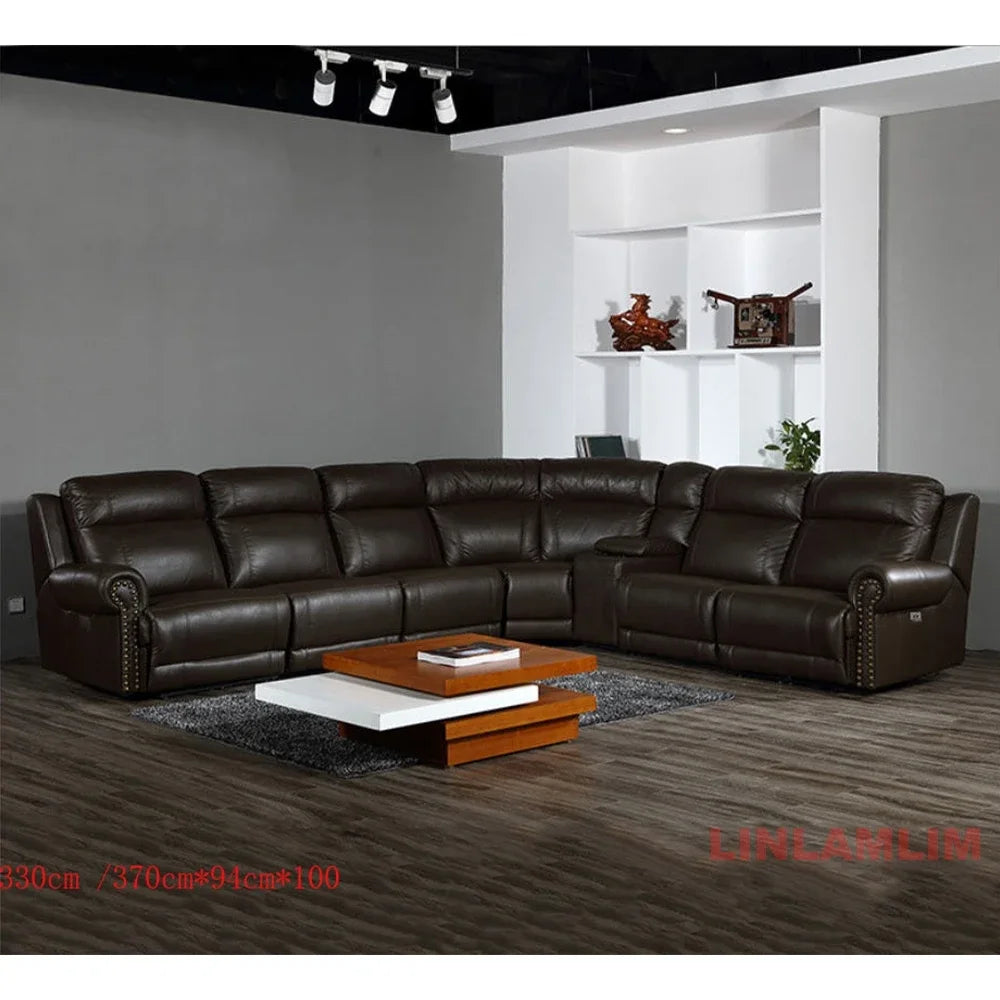 MINGDIBAO Luxury Genuine Leather Power Recliner Sofa Set, L Shape Electric Reclining Couch with Nailhead Trim, Home Theater Seat