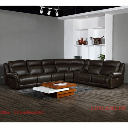 MINGDIBAO Luxury Genuine Leather Power Recliner Sofa Set, L Shape Electric Reclining Couch with Nailhead Trim, Home Theater Seat