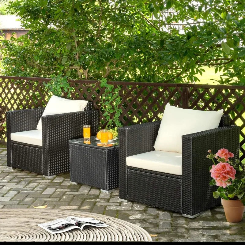 3 Pieces Patio Furniture Set, PE Rattan Wicker Sofa Set w/Washable Cushion and Tempered Glass Tabletop, Outdoor Convers