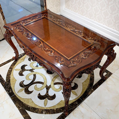 European-style all-solid wood dining table and chairs, living room, luxury villa home square table, French glass dining table, A