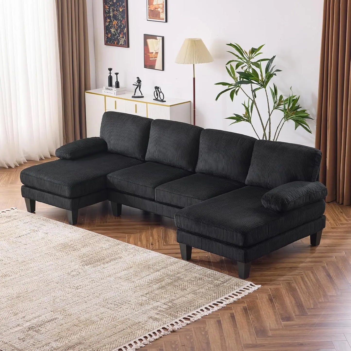 Living Room Sectional Sofa, U Shaped Sofa with Double Chaise Longue