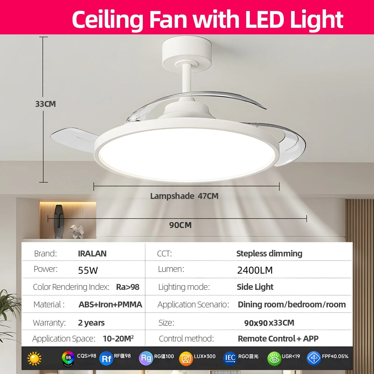 Modern Ceiling Fan Sealing Fan Led Lighting Silent Invisible Blade Lamps Suitable for Living Room Dining Room Study Kitchen