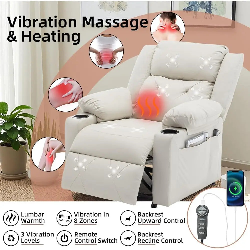 Beige Leatherette Recliner with Vibration Massage, Heat and Side Table for Living Room or Home Theater