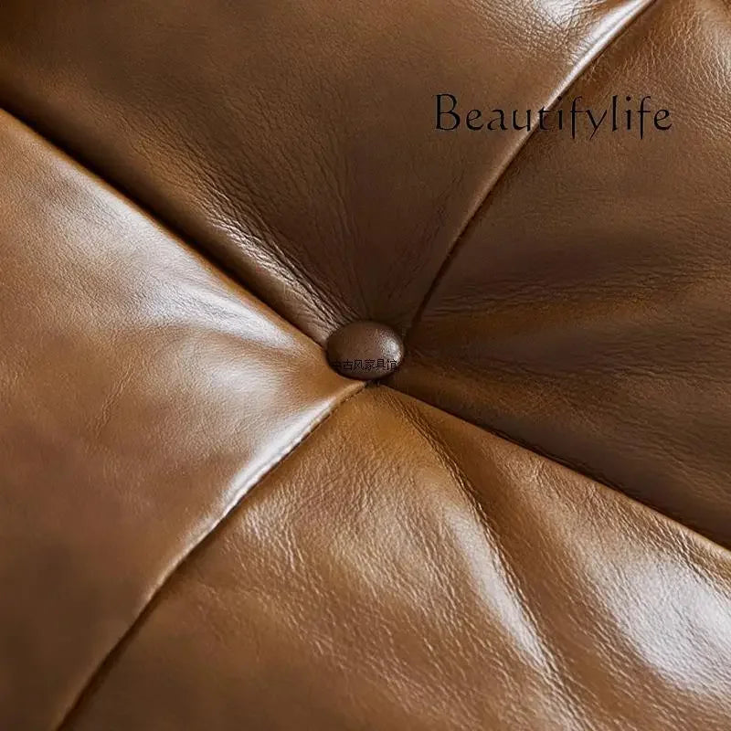 Medieval oil wax leather creative sofa living room retro old caramel color large straight row sofa