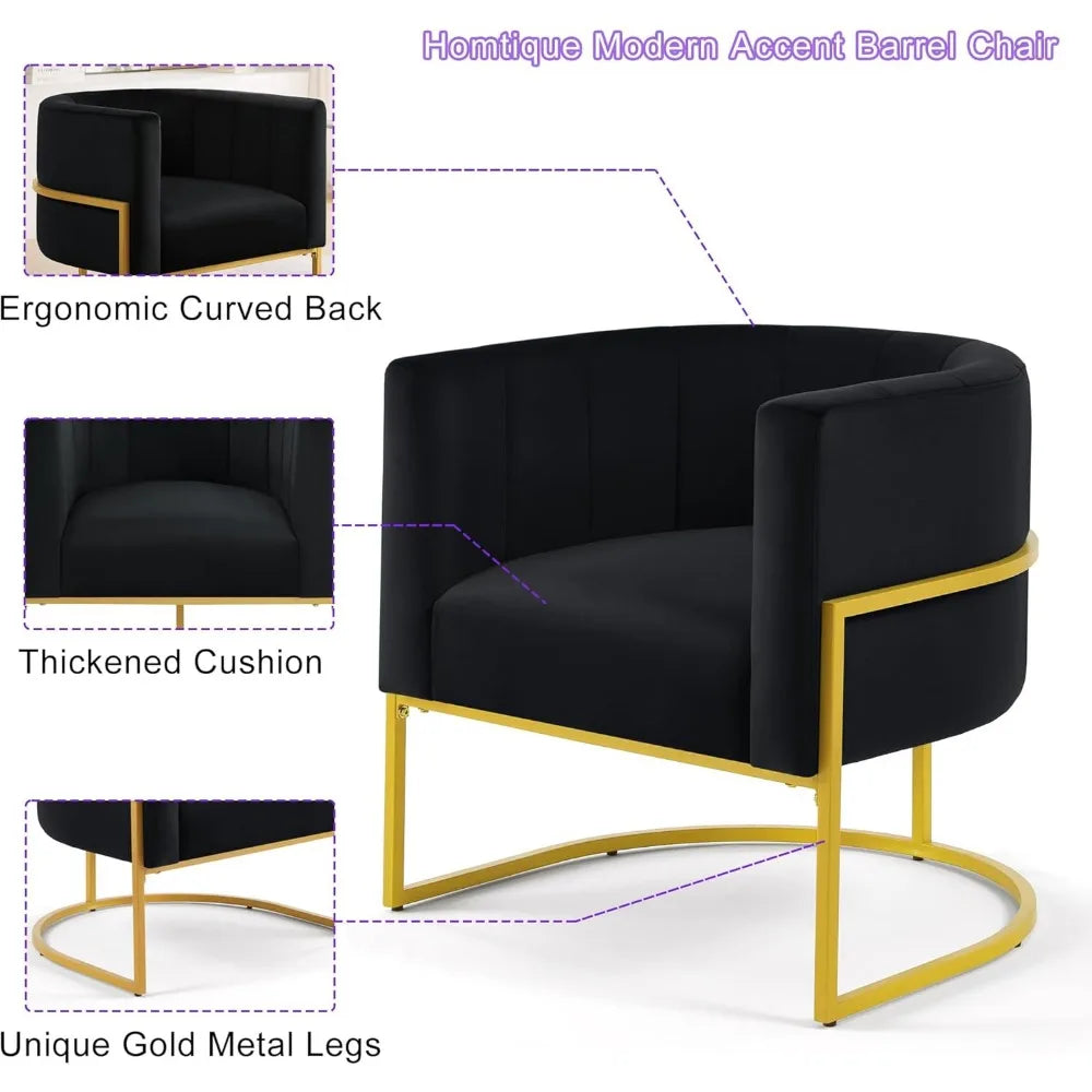 Velvet Accent Chair, Modern Armchair Single Sofa Barrel Chair with Gold Metal Base, Comfy Curved Back Living Room Chair for Bed
