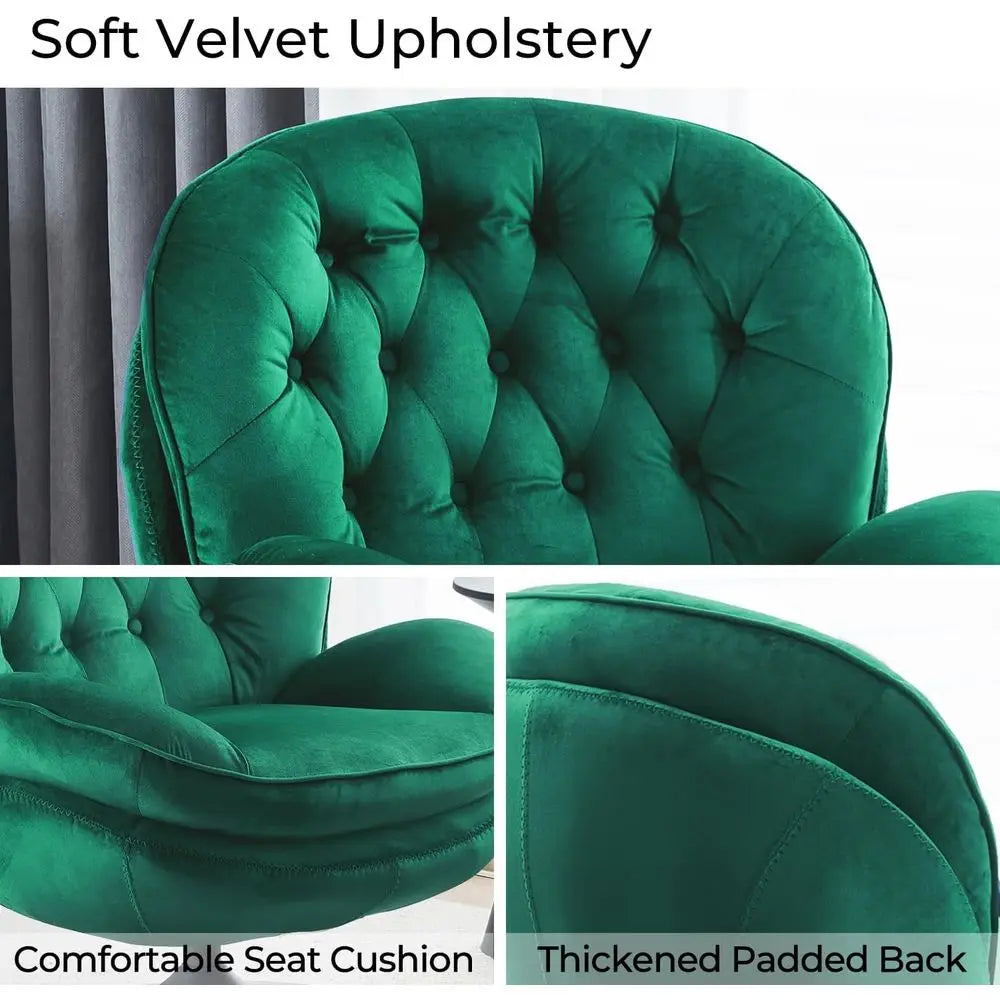Green Velvet Swivel Chair and Ottoman Set for Living Room, Reading, TV Area, or Bedroom with 360-Degree Rotation