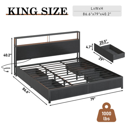 LED Bed Frame Full/QueenKing Size with 2 USB Ports and Outlets, Platform Metal Bed Frame with 4 Storage Drawers and Headboard