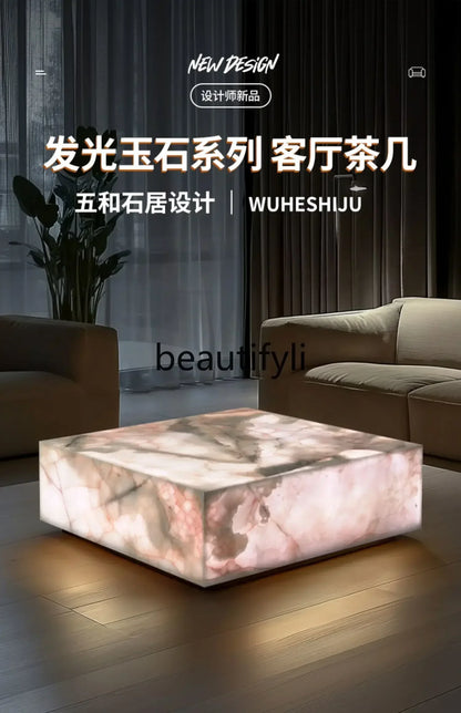 CNatural jade coffee table square crystal light luxury mansion blue and white jade living room marble luminous coffee table C660