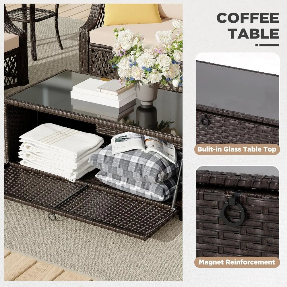 7-Piece Outdoor Patio Furniture Set with Wicker Swivel Chairs, Ottomans, and Storage Coffee Table