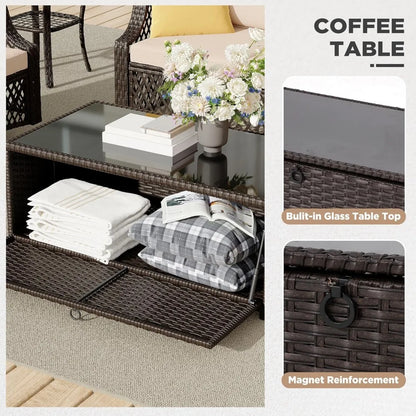 7-Piece Outdoor Patio Furniture Set with Wicker Swivel Chairs, Ottomans, and Storage Coffee Table