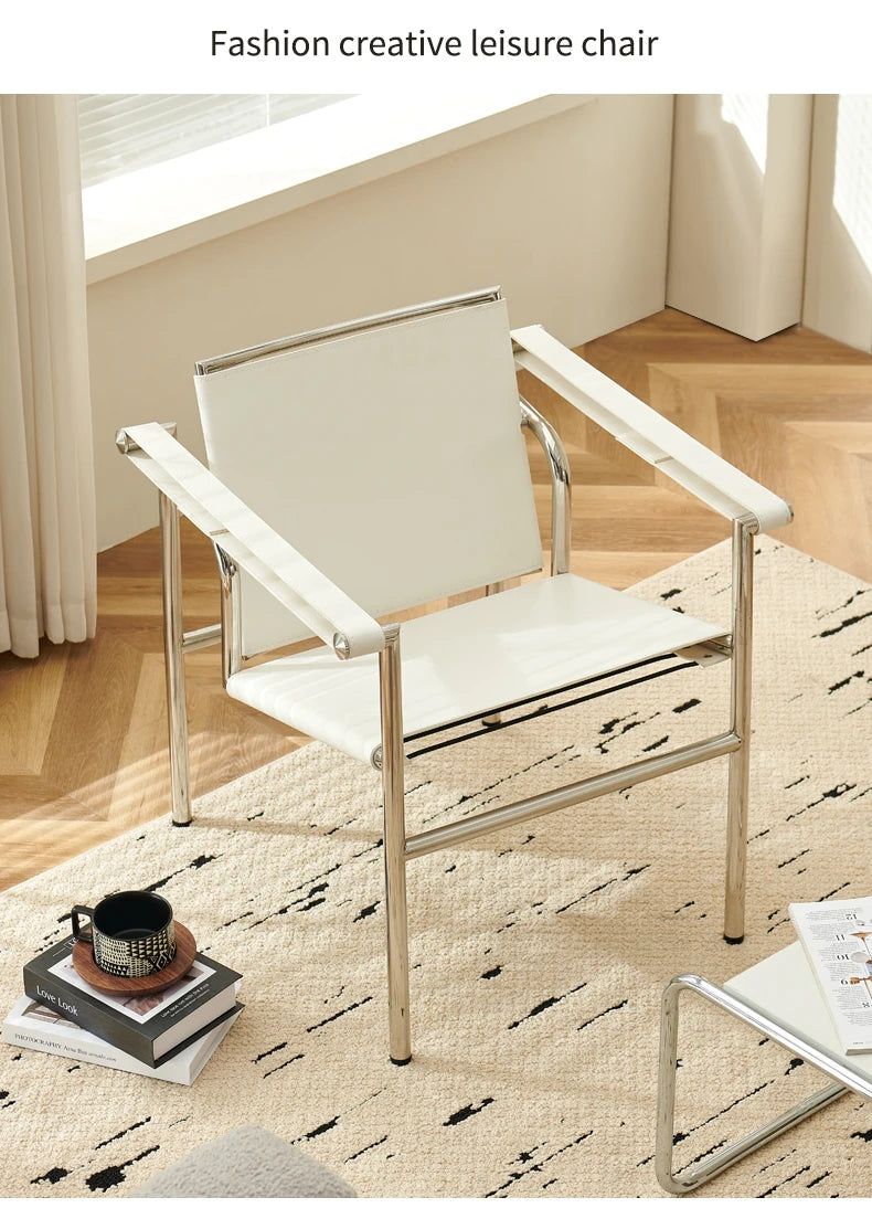 Single Leather Stainless Steel Leisure Chair, Living Room Balcony Study Swivel Chair, Business Meeting and Negotiation Chair