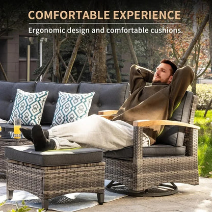 A  6 Pieces Outdoor Rattan Furniture Sets with 2 Wood Armrests Swivel Rocker Chairs, 2 Ottoman, 3-Seat Sofa and Coffee Table
