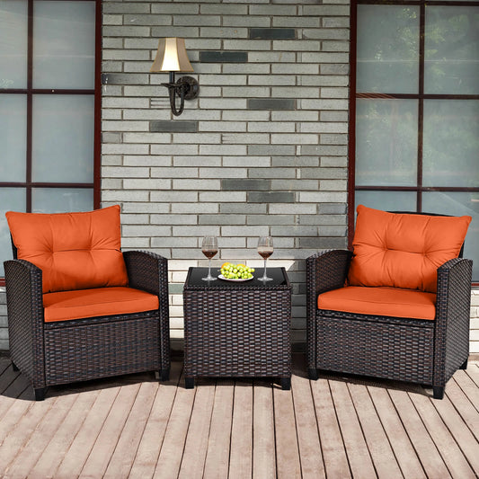 3 PCS Patio Rattan Furniture Set Cushioned Conversation Set Sofa Orange
