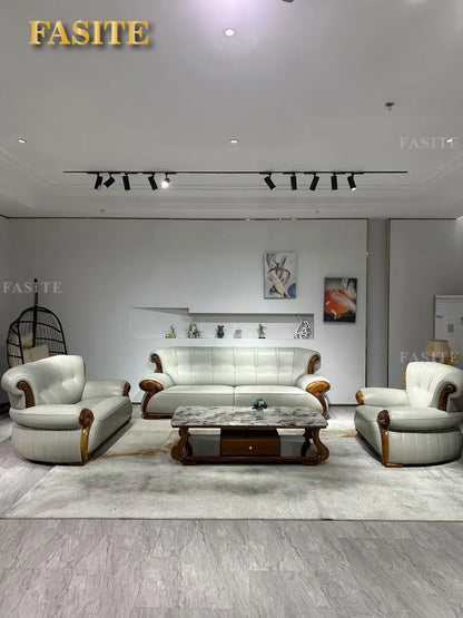Ebony leather sofa modern light luxury high-end living room villa first layer cowhide solid wood new Chinese-style small