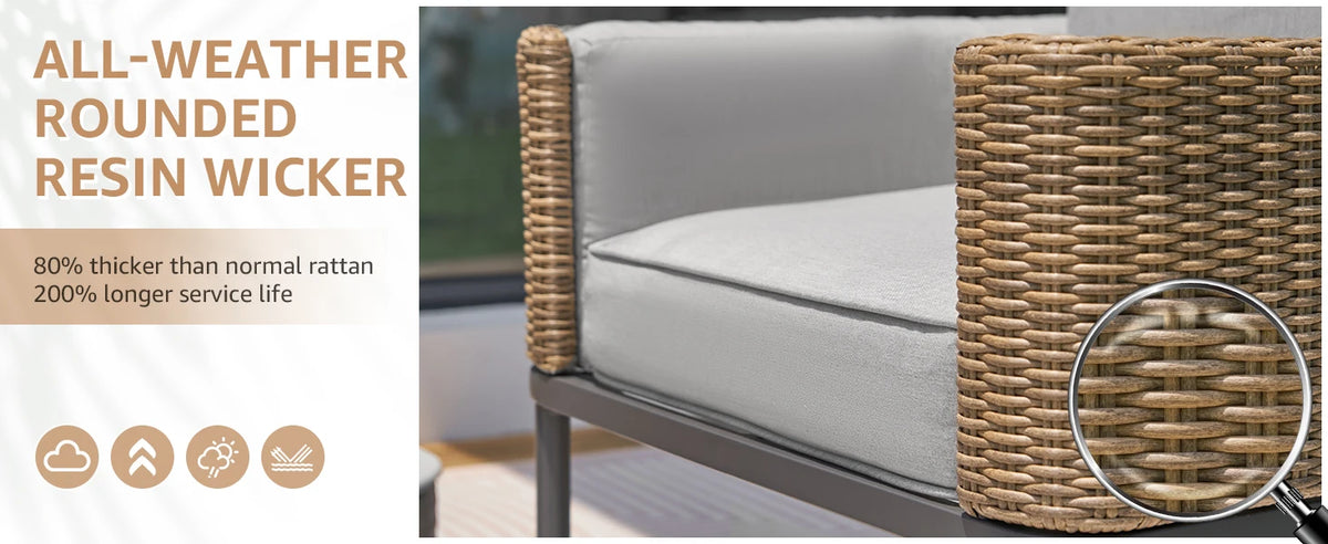4-Piece Wicker Patio Furniture Set, All-Weather Rounded Rattan Conversation Set Sectional Sofa with 5'' Thick Cushions