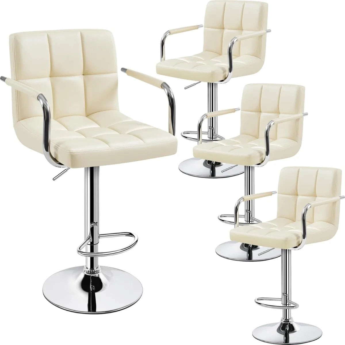 Lot de 2 tabourets de bar pivotants réglables, hauteur de comptoir hydraulique avec accoudoirs et dossier, cuir PU pour cuisine et bar, blanc