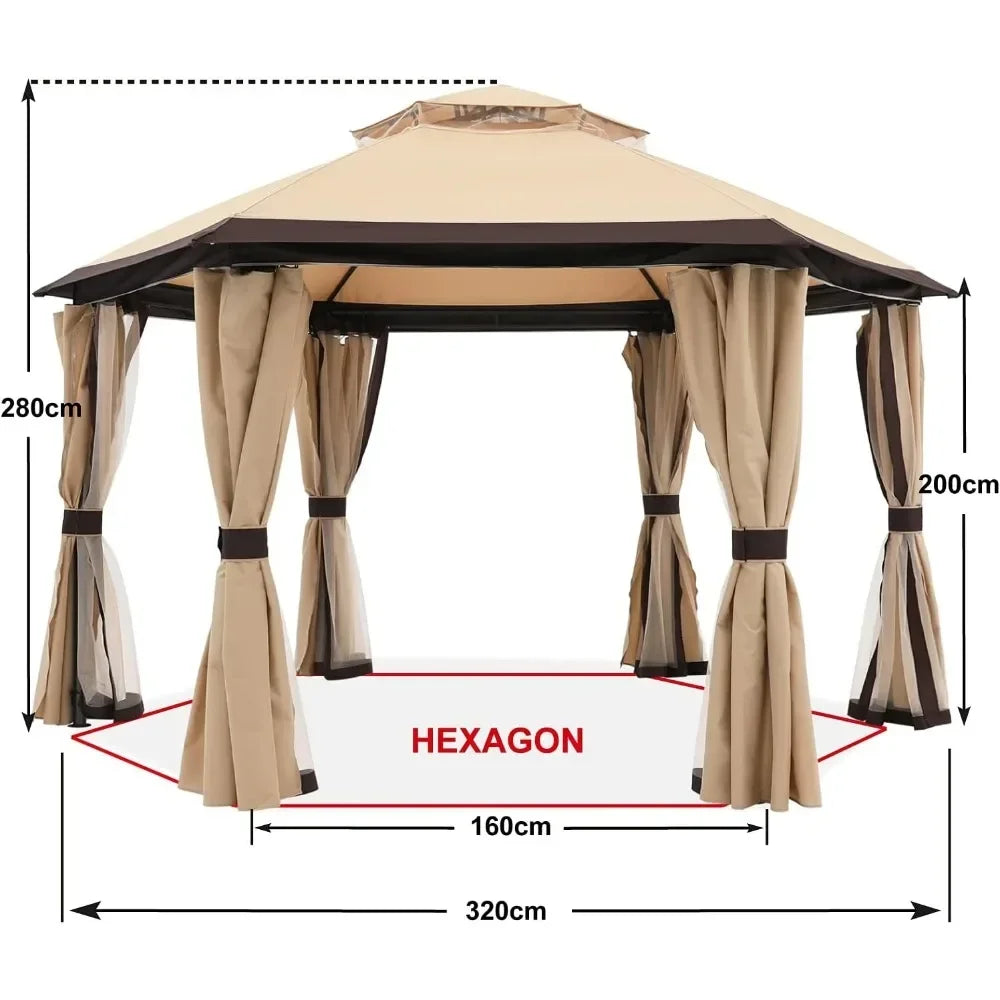 For 10'x10' Gazebos for Outdoor Hexagonal Gazebo with Netting and Privacy Curtains By, 120"L X 120"W X 110"H, 74.8 Pounds&
